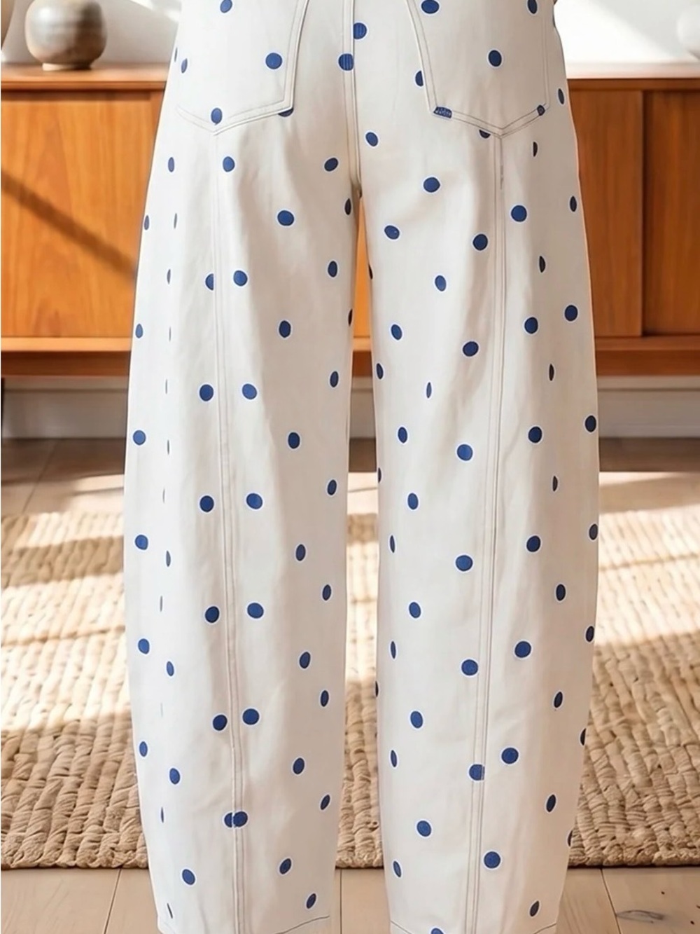 Peach Love California White Jeans with Blue Polka Dots
